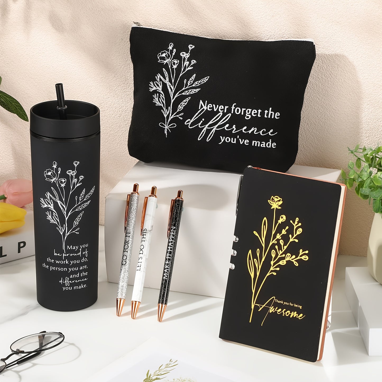 6pcs Appreciation Gift Set for Lady Women Coworkers Thank You May You Be Proud Gift for Employees 16oz Plastic Tumbler Makeup Bag Journal Pens Set Valentines Day Office Present