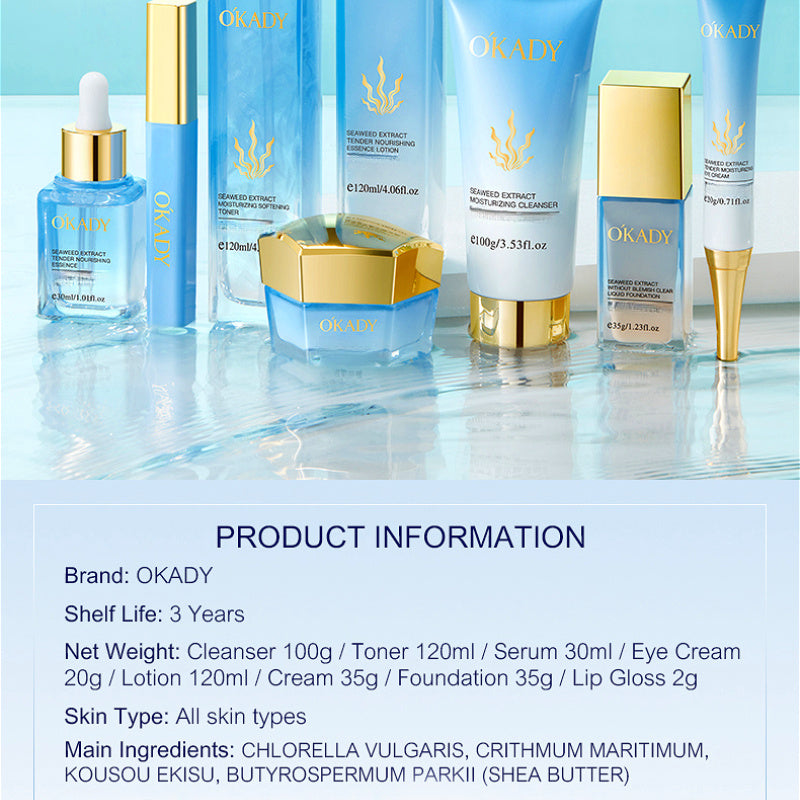 OKADY Sea Essence Hydrating 8pcs Set, Facial Care Set, Chlorella, Sea Fennel Ingredients - Elastic And Bright, Soft, Contains Cleanser, Toner, Serum, Eye Cream, Serum, Cream, Foundation, Lip Glaze, Gift for Ladies, New Year G