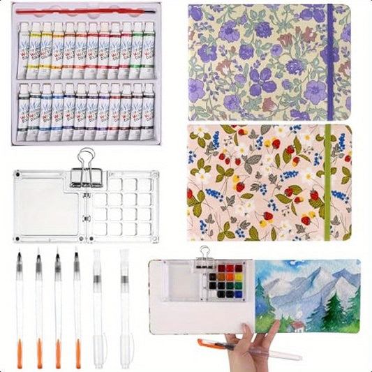 11pcs Mini Portable Watercolor Palette Set Pocket Watercolor Travel Set Acrylic 15 Grid Paint Box 2pcs 32K Watercolor Paper Pad Sketchbook 6 Paint Brushes Binder Clips 24 Color Paints