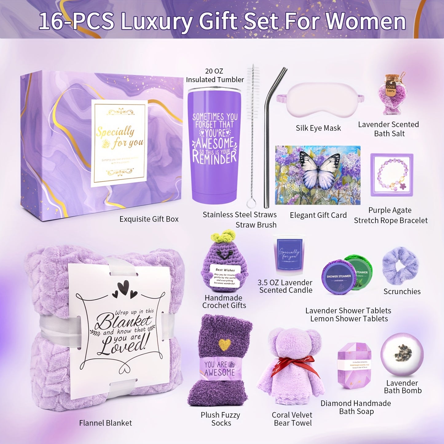 mother's day gifts Gifts for Women, Lavender Gifts Set,16pcs Gift Set for Women, Mom, Wife, Girlfriend, Sister, Unique for Birthday, Christmas, Valentine's Day, Mother's Day Gifts - Lavender Gift Basket Set