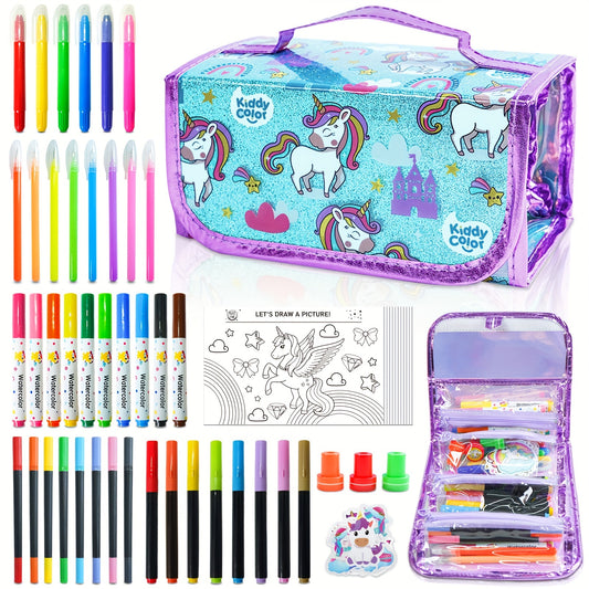 KIDDYCOLOR Unicorn Washable Markers Set 69pcs with Glitter Pencil Case - Arts And Crafts Coloring Kit