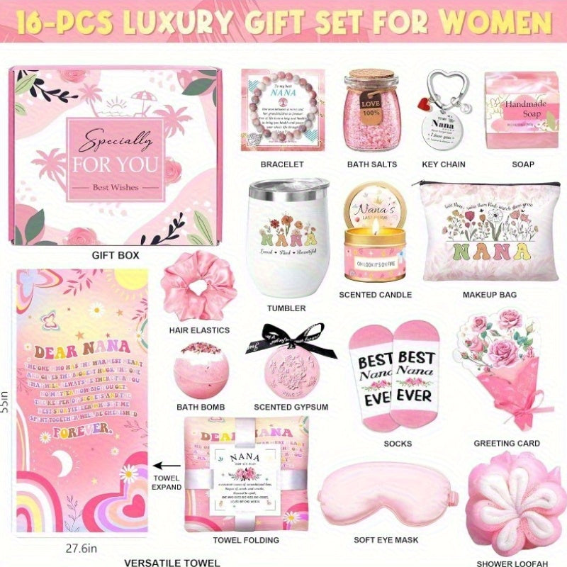 Gifts for Nana Mothers Day Basket Gifts for Nana 16pcs Birthday Gifts Basket from Granddaughter Grandchildren Grandkids New Grandma Gifts Grandmother Gigi Care PackagePink