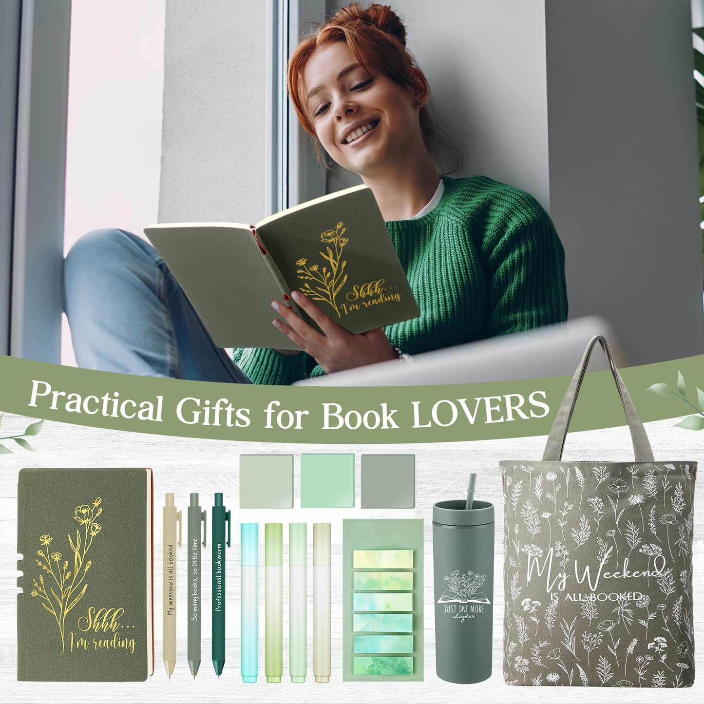 14pcs Book Lovers Gift Set 16oz Green Plastic Tumbler Canva Bag A6 Journal Notebook Ballpoint Pens Sticky Notes Highlighters for Librarian Bookworm Readers Nurse Study