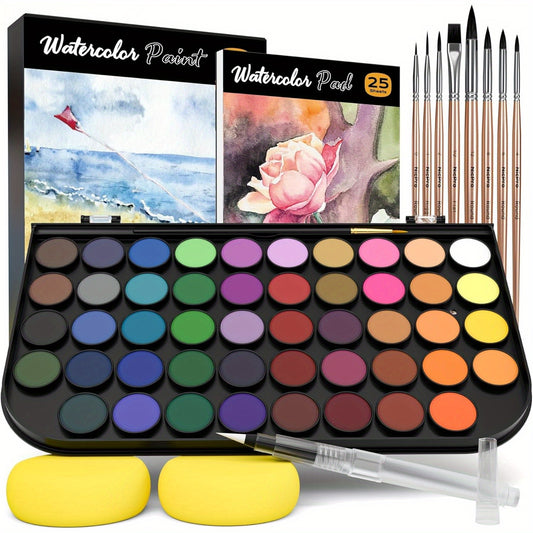 Nicpro Watercolor Paint Set, 48 Water Colors Kit with 8 Painting Brushes, Palette, Watercolor Pen, 25 Art Pad Paper, 2 Art Sponges, Non-toxic Painting Supplies for Adults, Beginners, Artists