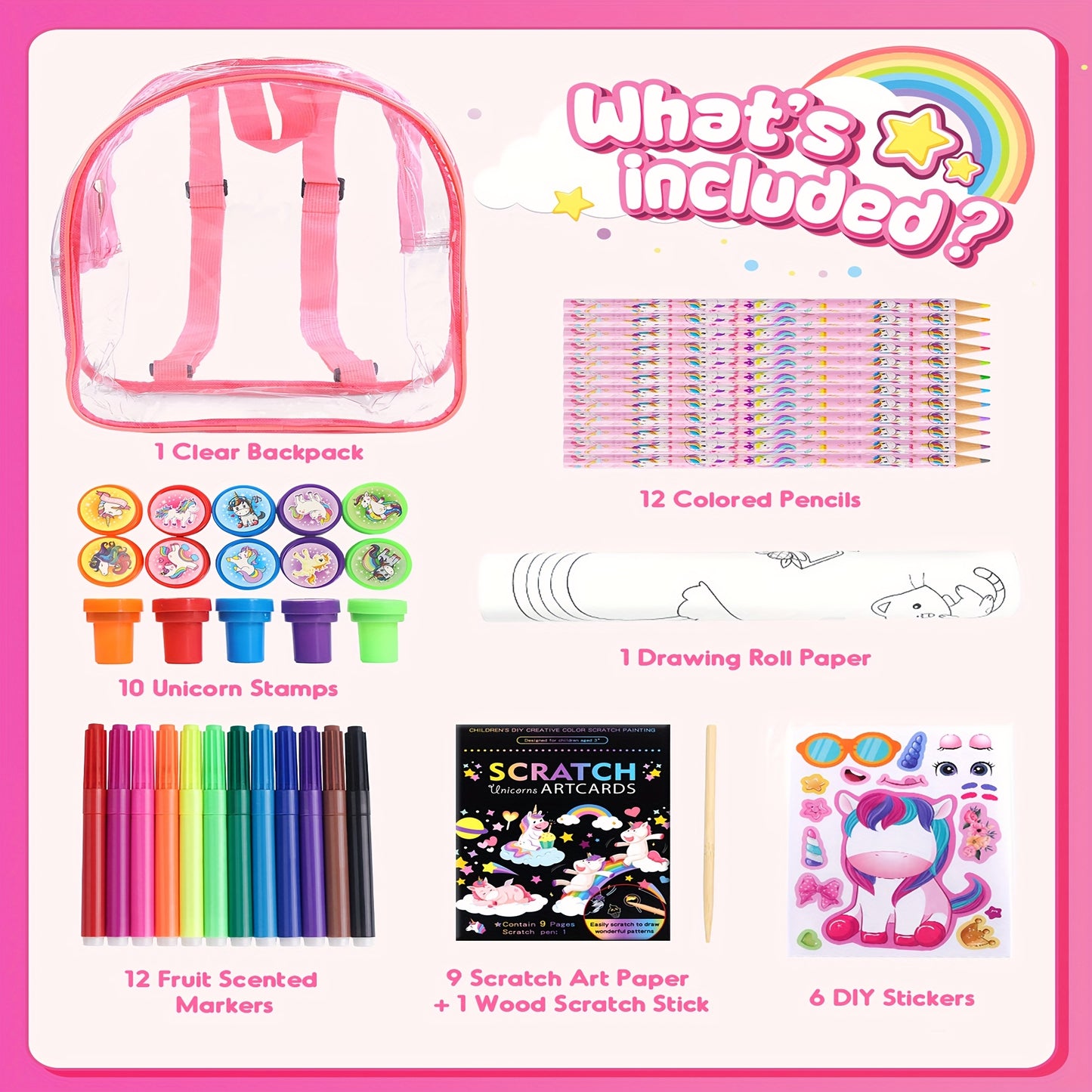 D-FantiX Art Supplies Clear Backpack for kids, 51pcs DIY Coloring Craft Kits with Scratch Art Paper and Stickers, Road Trip Activities for Youngsters, Creative Birthday Gift for Girls