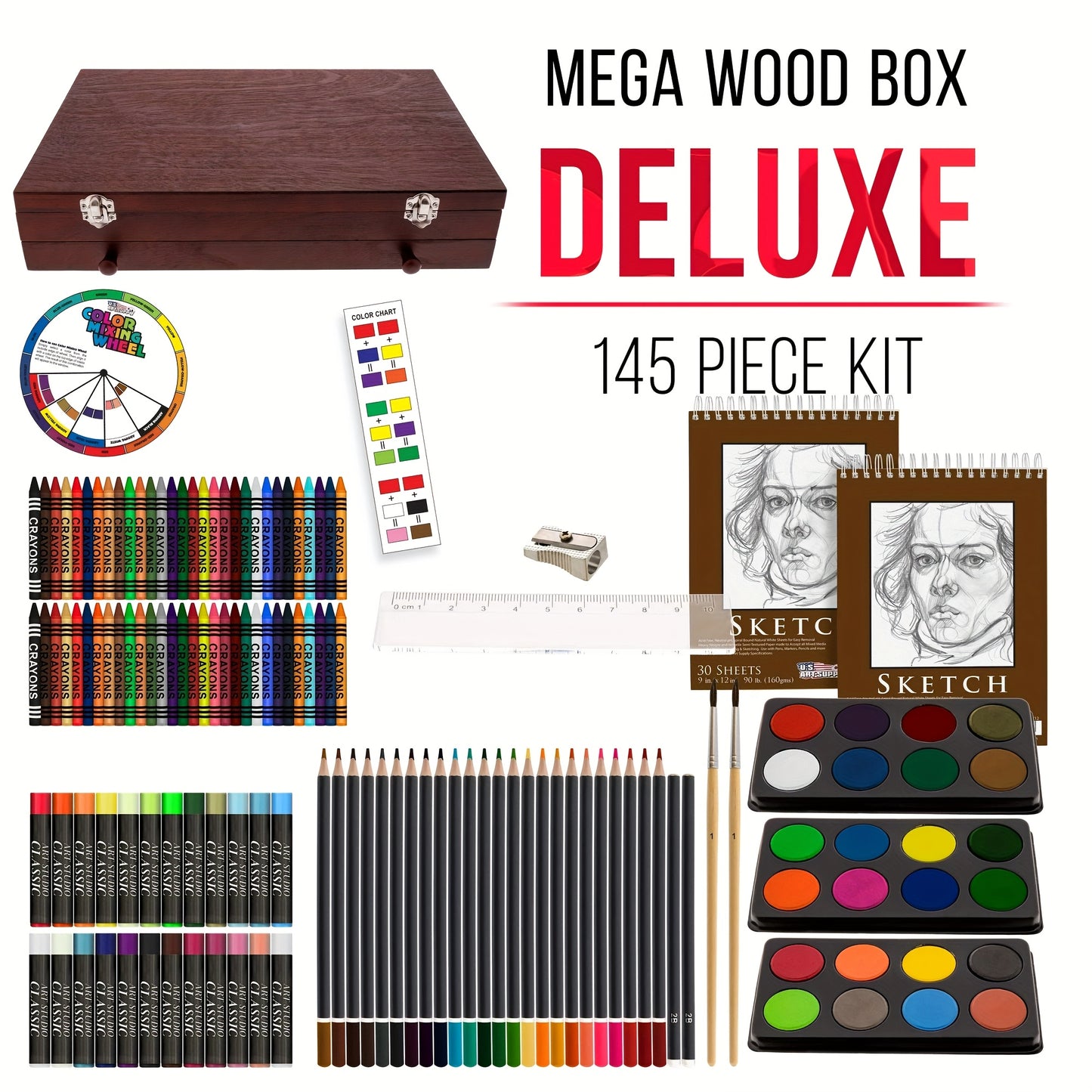 145pcs Of Luxurious Art Sets, Including Wooden Boxes And Painting Tool Kits. Each Set Contains Crayons, Oil Pastels, Colored Pencils, Watercolor Paints, Sketching Pencils, Paintbrushes, Pencil Sharpeners, Erasers, And Color C