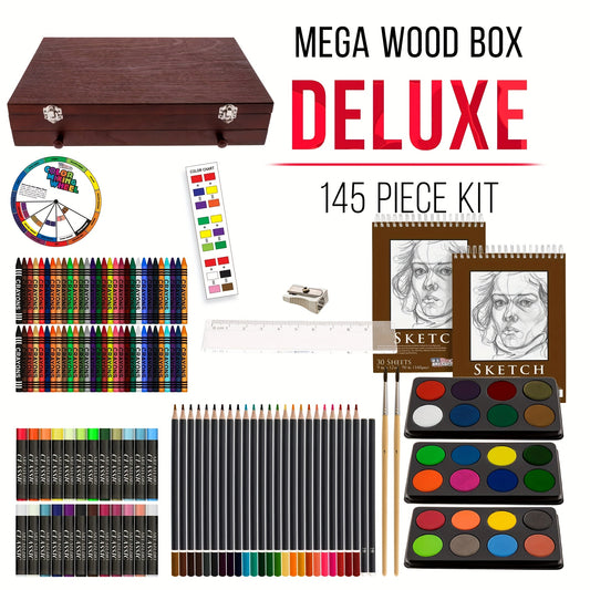 145pcs Of Luxurious Art Sets, Including Wooden Boxes And Painting Tool Kits. Each Set Contains Crayons, Oil Pastels, Colored Pencils, Watercolor Paints, Sketching Pencils, Paintbrushes, Pencil Sharpeners, Erasers, And Color C