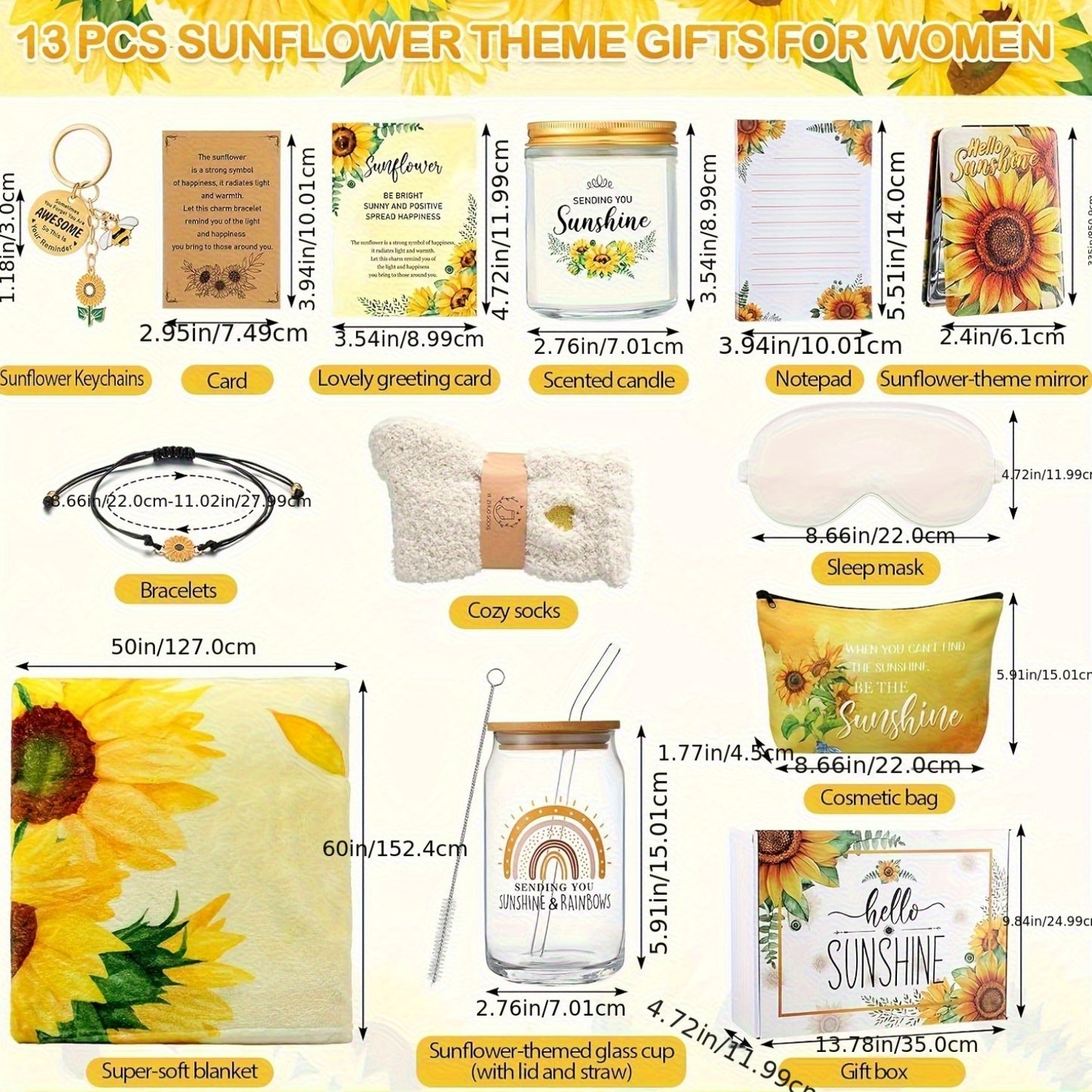 [Sunflower Gift] 13pcs Sunflower Gift Set | Mother's Day Gifts For Women, Get Well Soon Self Care Package With Glass Blanket Thinking Of You Birthday Holiday For Mom Wife Teacher Sister