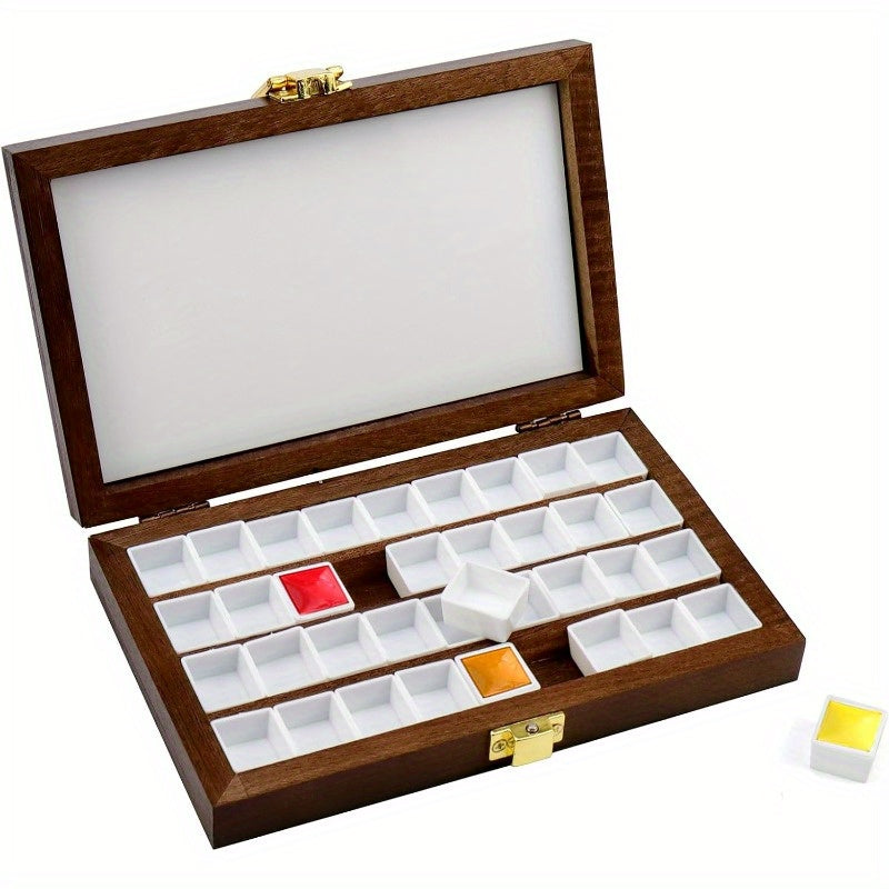 36-Well Wooden Watercolor Paint Palette Box - Portable, Durable Dark Walnut with Golden Accents, 4" x 6" - Ideal for Artists & Hobbyists