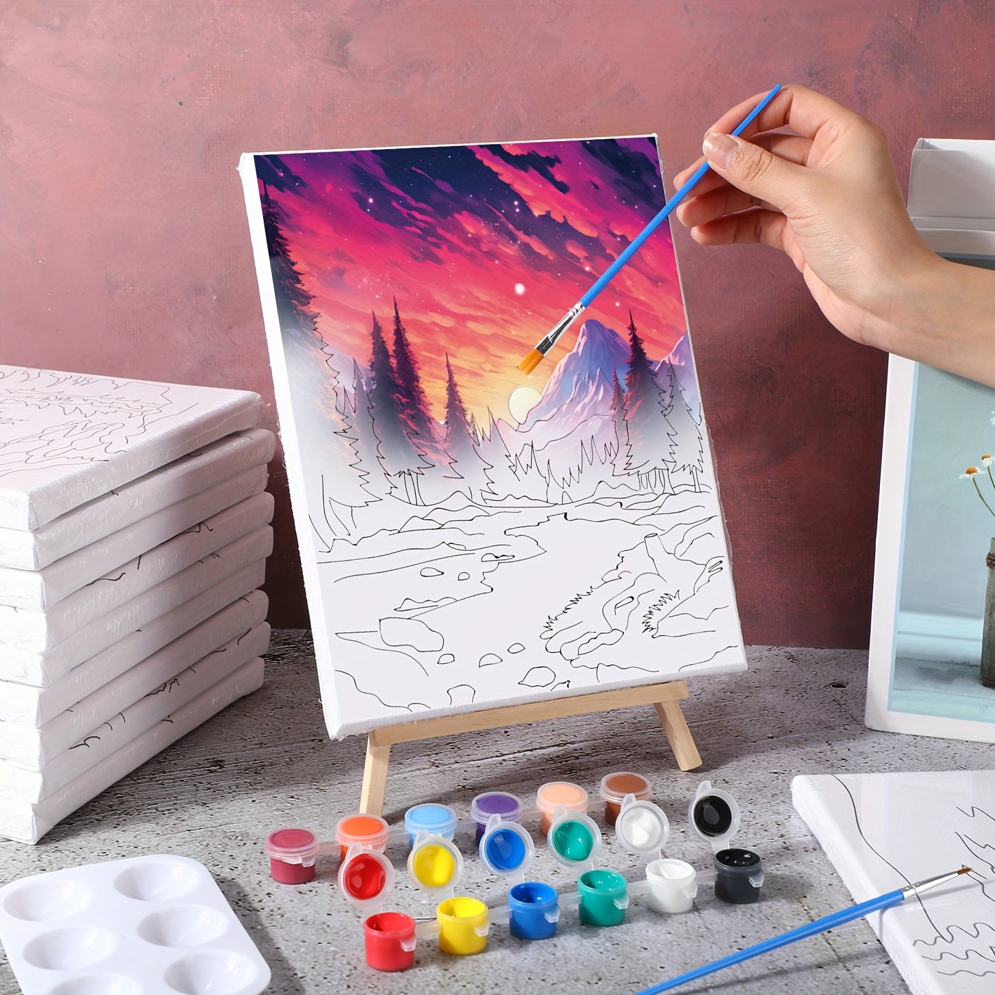 12pcs Pre Drawn Canvas for Painting Sip And Paint Kit 8 X 10 Paint Party Set Canvas Painting Pre Printed Canvases for Party Favor DIY Virtual Adult's Date Night (Astronomical Landscape)
