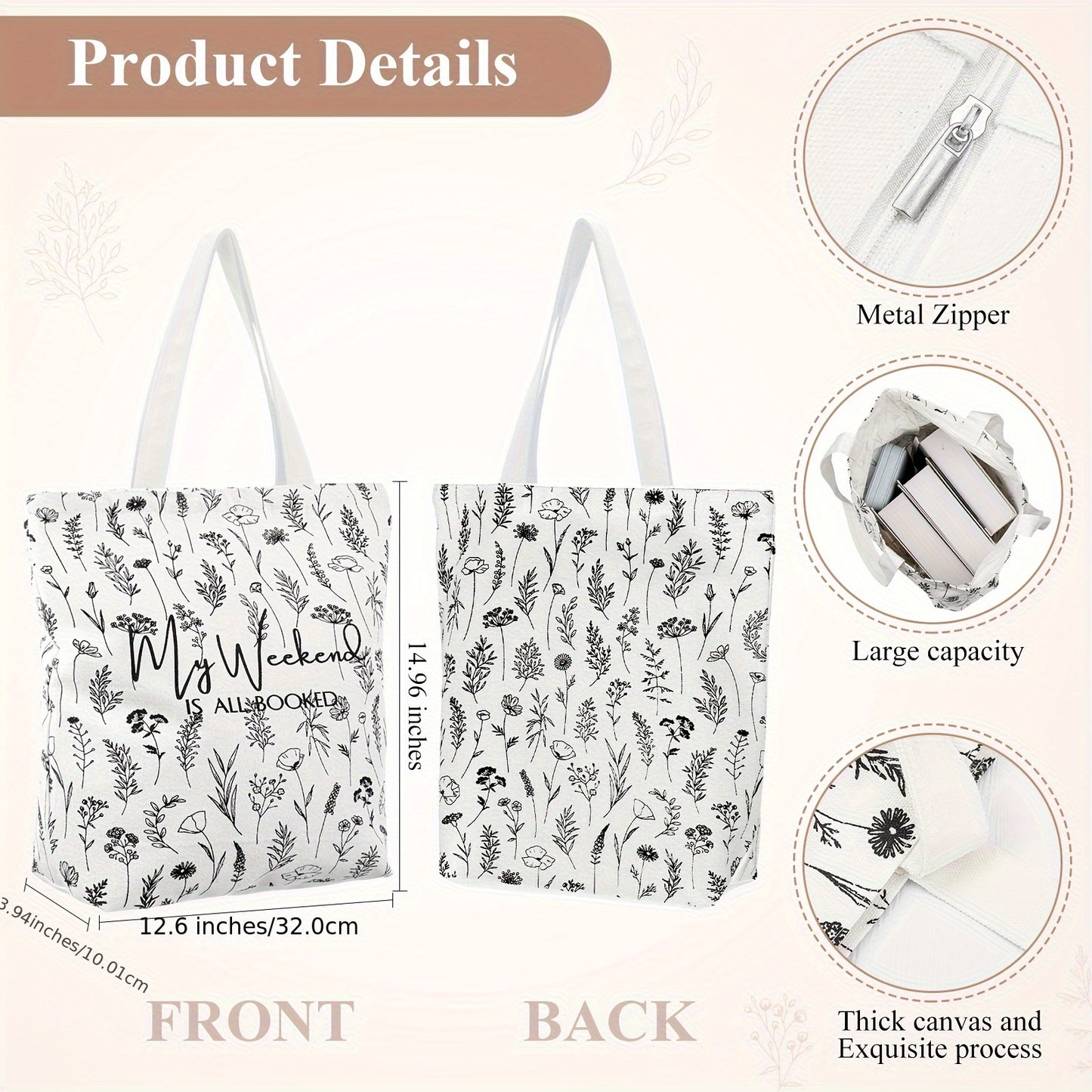 Book Lovers Gifts 16 Oz Glass Cup Canvas Bag A6 Journal Notebook Ballpoint Pens Sticky Notes Highlighters School Library Lovers Month Gifts For Librarians (Khaki, White Flowers)