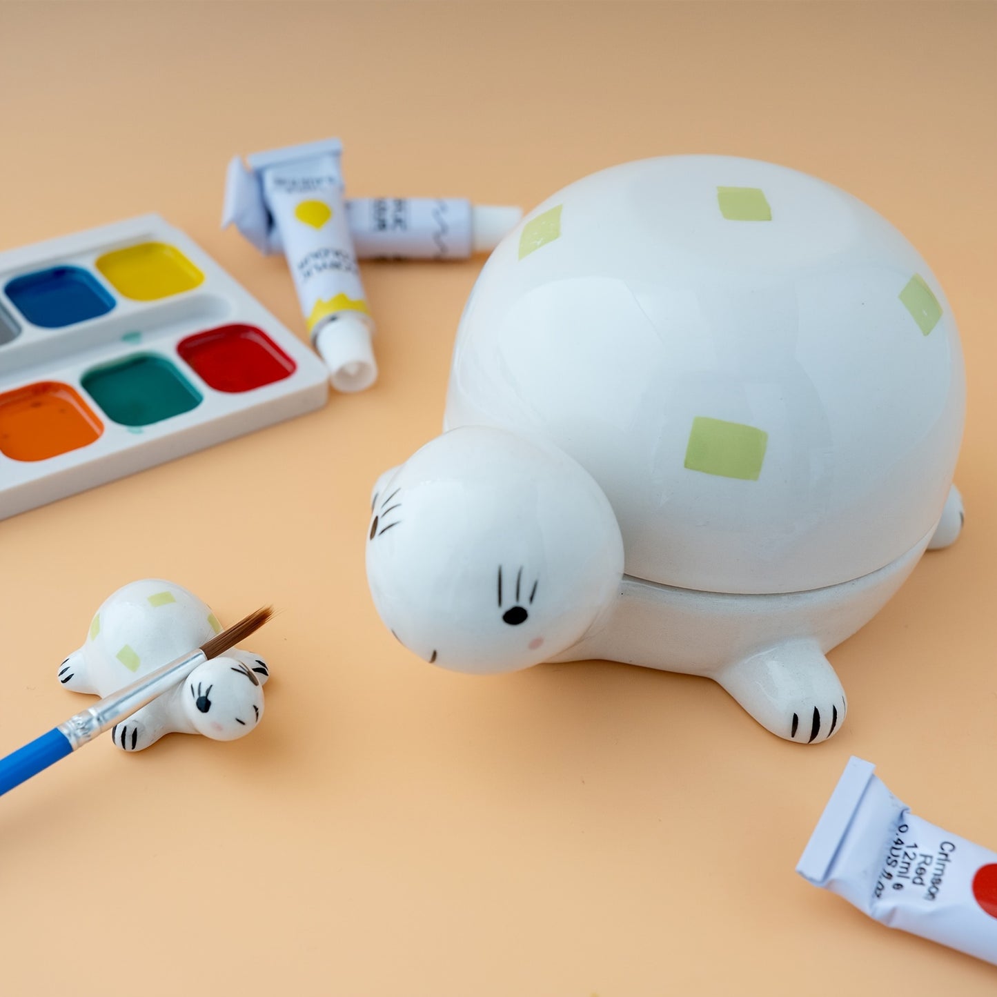 [Ceramic Paint Palette Set] Ceramic Paint Palette And Brush Holder Set | Turtle Shaped Design with Water Bowl Lid | for Watercolor, Acrylic, And Gifts for Painting Lovers- Multi-functional Art Supply
