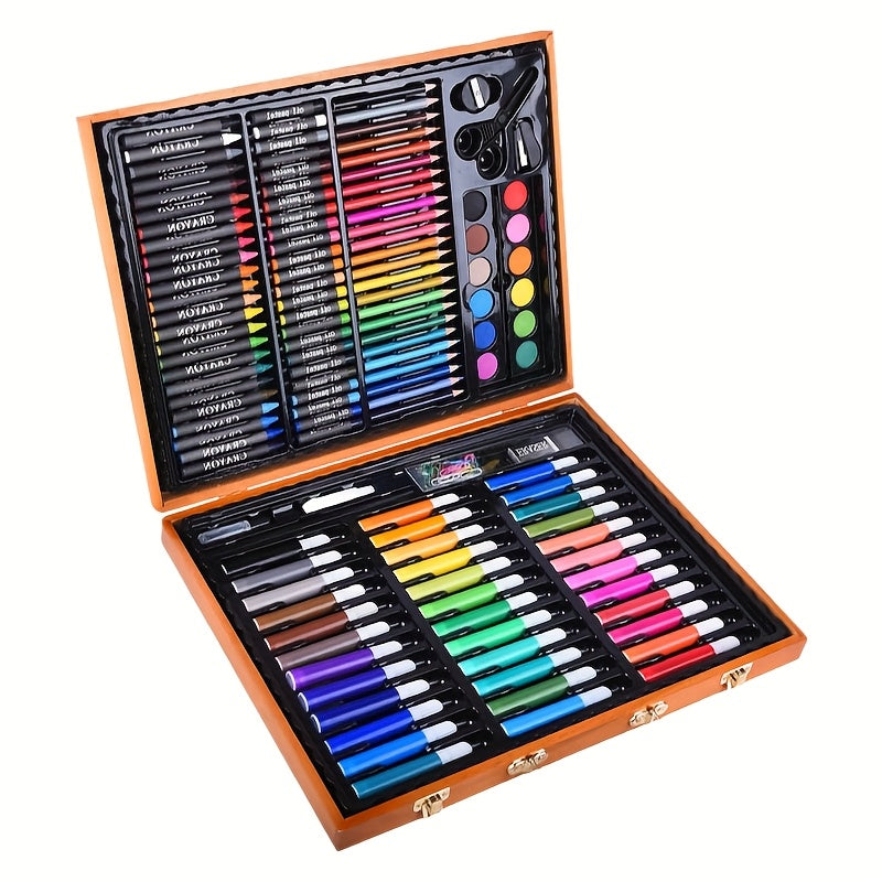 145pcs Of Luxurious Art Sets, Including Wooden Boxes And Painting Tool Kits. Each Set Contains Crayons, Oil Pastels, Colored Pencils, Watercolor Paints, Sketching Pencils, Paintbrushes, Pencil Sharpeners, Erasers, And Color C