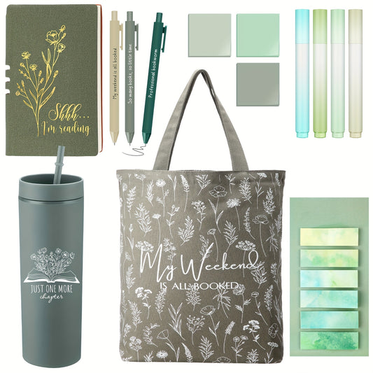14pcs Book Lovers Gift Set 16oz Green Plastic Tumbler Canva Bag A6 Journal Notebook Ballpoint Pens Sticky Notes Highlighters for Librarian Bookworm Readers Nurse Study