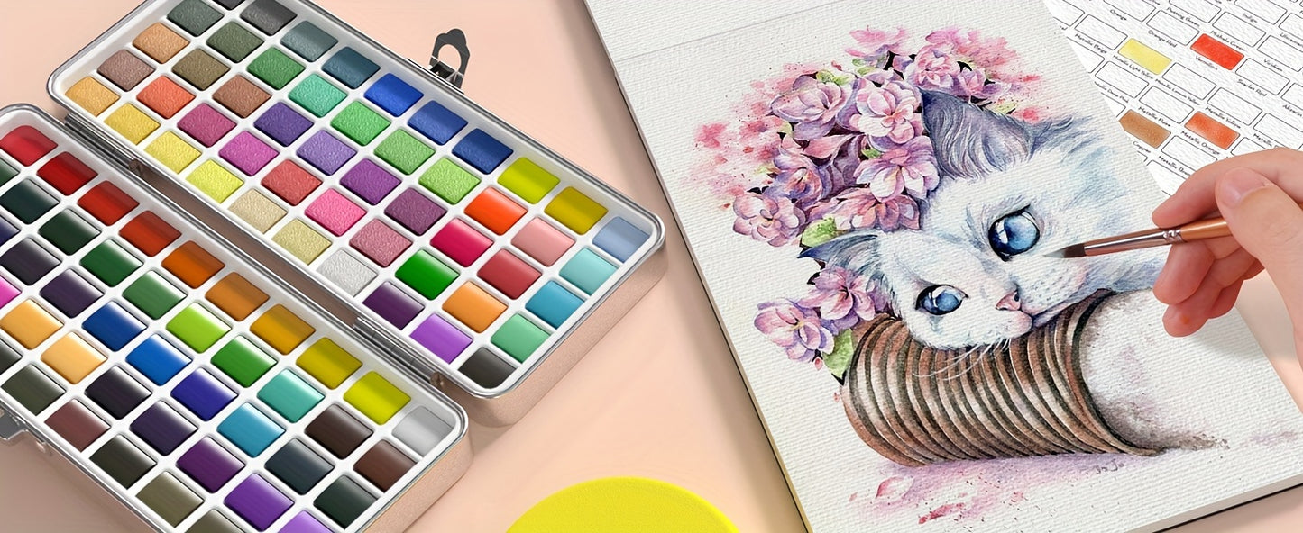Nicpro 100 Colors Watercolor Paint Set Include Metallic Macaron & Fluorescent, 8 Synthetic Squirrel Painting Brushes, 25 Water Color Paper, Palette, Art Supplies Kit