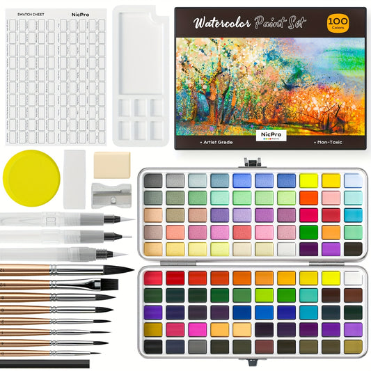 Nicpro 100 Colors Watercolor Paint Set Include Metallic Macaron & Fluorescent, 8 Synthetic Squirrel Painting Brushes, 25 Water Color Paper, Palette, Art Supplies Kit