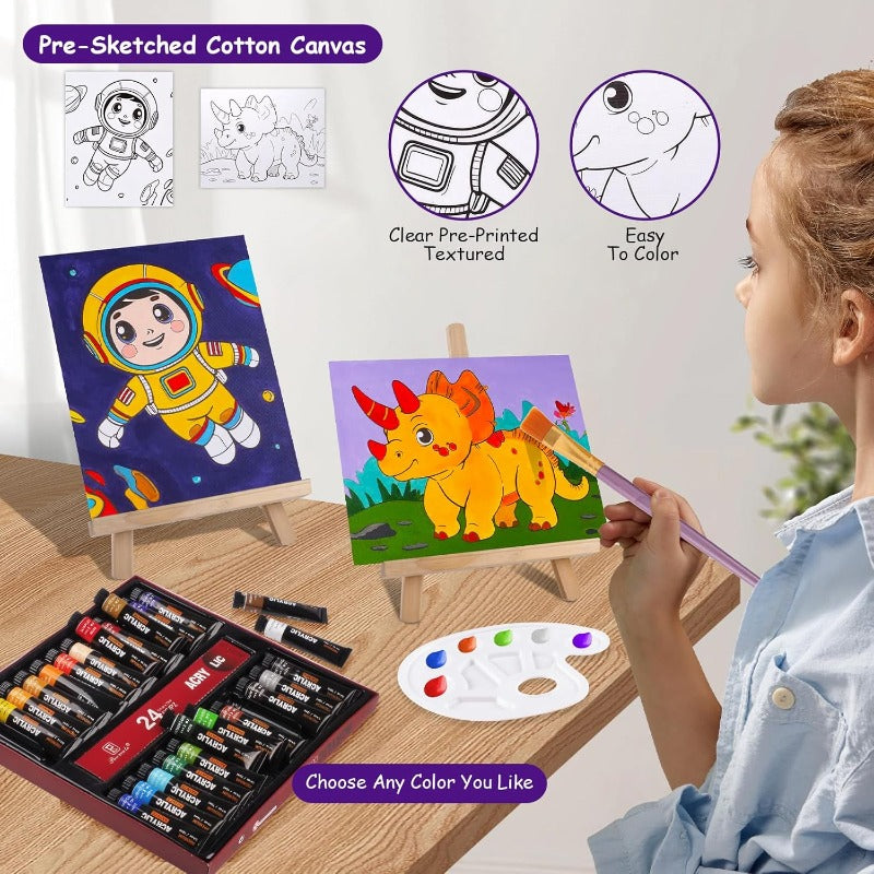 PUOPOSTY Acrylic Paint Set for Complete Painting Kit for Ages 4-12 Premium Art Supplies w Wooden Easel 24 Paints 4 Canvases 10 Brushes and More Ideal Birthday Easter Gift for Boys and Girls