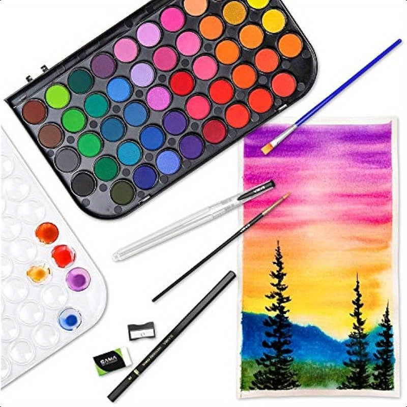 48color Watercolor Paint Set with Brushes Refillable Brush Watercolor Papers Pencil and Removable Mixing Tray Easy Blending and Washable