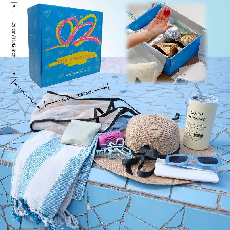 10pcs Tropical Beach Women's Gift Basket, Includes Insulated Cup, Cozy Blanket, Straw Hat, Fashion Fashion Glasses More, Perfect for Beach Days, Birthdays, Easter, Or Get Well Wishes, Ideal for Girlfriend, Mom, Best Friends