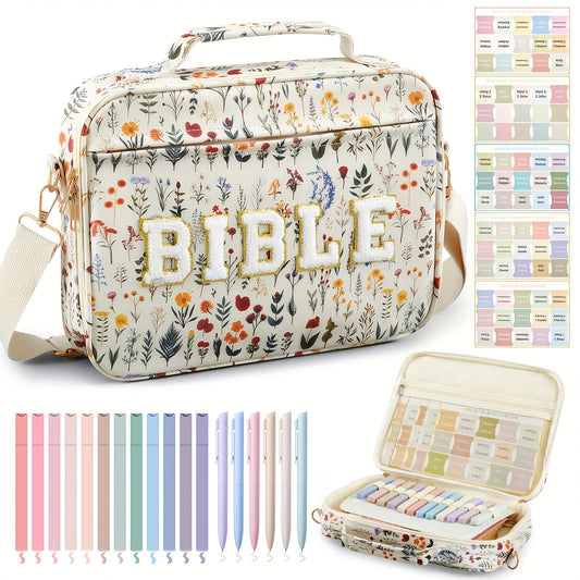 Large Bible Cover Case For Women, 12 X 9 X 2.5 Chenille Letter Faux Leather Bible Cover With Bible Tabs 6 Colored Gel Pen 12 Highlighters Bible Case With Shoulder Strap For Study Bible Bag Gifts