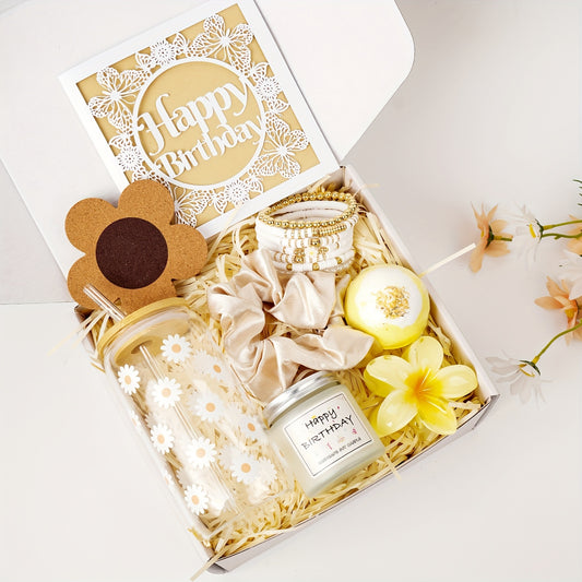 Birthday Gifts For Women, Teen Girl Gifts, Birthday Gifts For Her, Happy Birthday Gift Box For Girl, Women, Sister, Daughter, Best Friend, Friendship, Cute Daisy Glass Cup Gifts Set 8pcs, 16oz, Beige