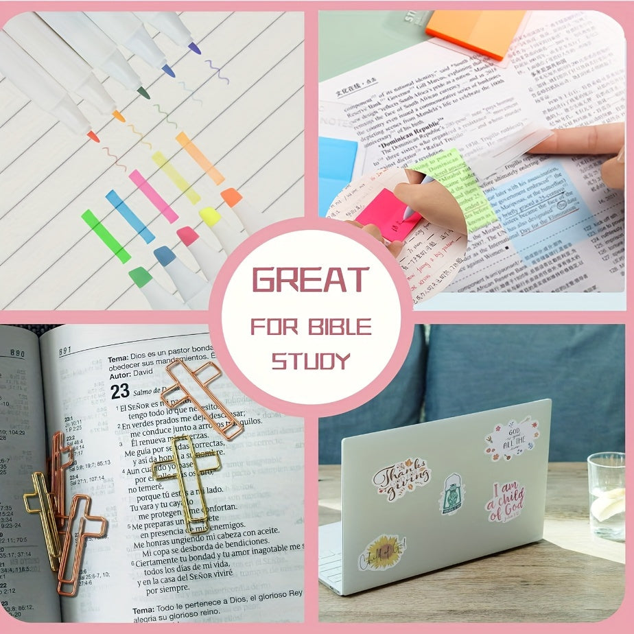 [Bible Study Kit, School & Christmas] 7pcs Bible Study Kit - Double-Layer Pen Case, Sticker Markers, Labels, and Paper Clips - Ideal for Back to School & Christmas Gifts