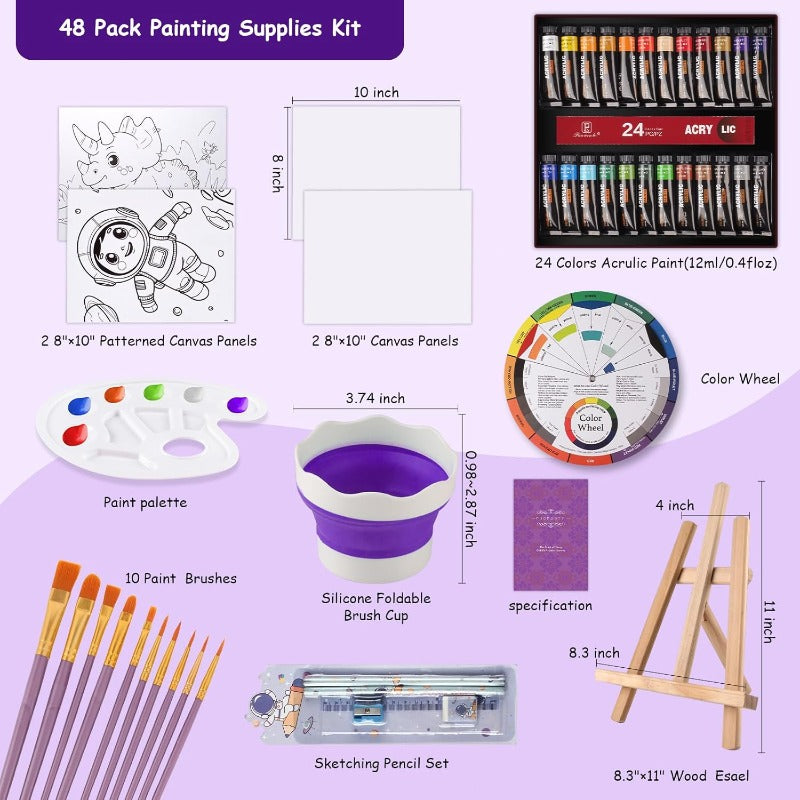 PUOPOSTY Acrylic Paint Set for Complete Painting Kit for Ages 4-12 Premium Art Supplies w Wooden Easel 24 Paints 4 Canvases 10 Brushes and More Ideal Birthday Easter Gift for Boys and Girls
