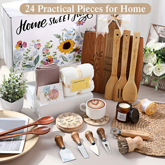 24pcs House Warming Gifts New House Housewarming Gifts Home Gifts for Home First Home Gift Ideas Wooden Serving Board for Home Newlywed Couple Friends New Homeowner Gift Multi Item Party Gift Bag