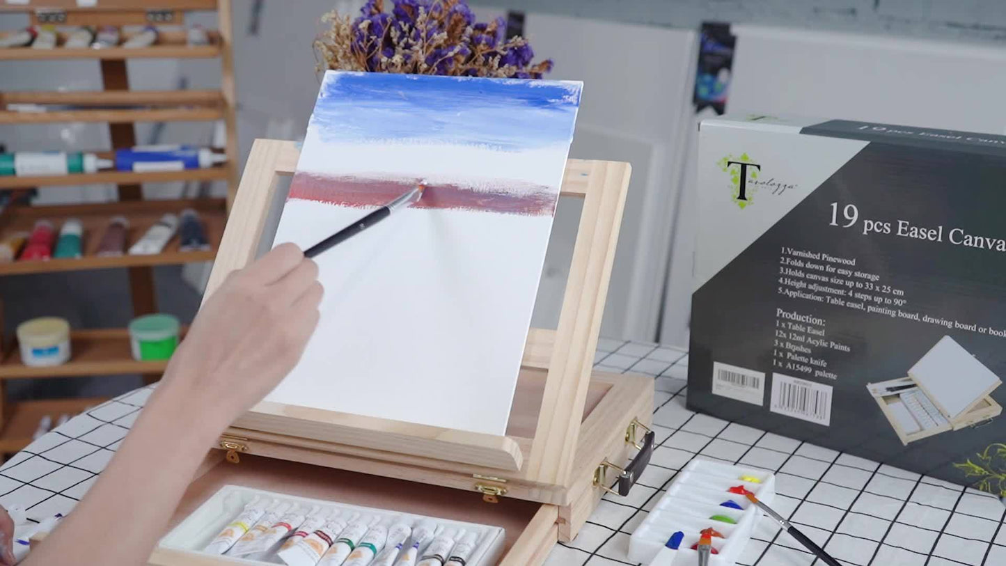 19pcs Painting Table Easel Set, Wooden Mixed Media Art Set Easel Kit Includes Tabletop Easel, Acrylic Paints, Brushes, Canvas Panel, Art Supplies