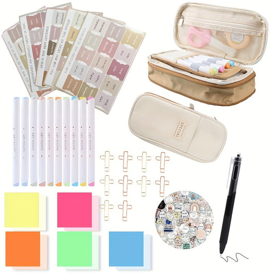 [Bible Study Kit, School & Christmas] 7pcs Bible Study Kit - Double-Layer Pen Case, Sticker Markers, Labels, and Paper Clips - Ideal for Back to School & Christmas Gifts