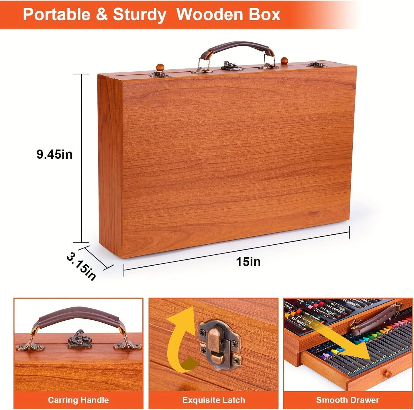 145pcs Of Luxurious Art Sets, Including Wooden Boxes And Painting Tool Kits. Each Set Contains Crayons, Oil Pastels, Colored Pencils, Watercolor Paints, Sketching Pencils, Paintbrushes, Pencil Sharpeners, Erasers, And Color C