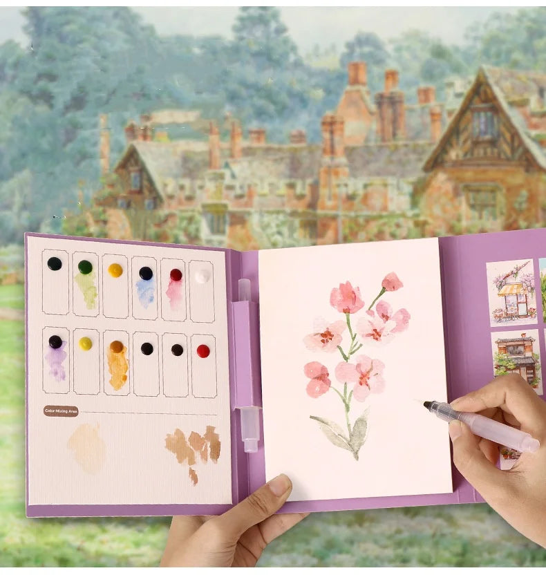 Bview Art Travel Watercolor Painting Set with Tri-Fold Book, Built-in 12 Colors & Stress Relief Note Paper for DIY Art Therapy
