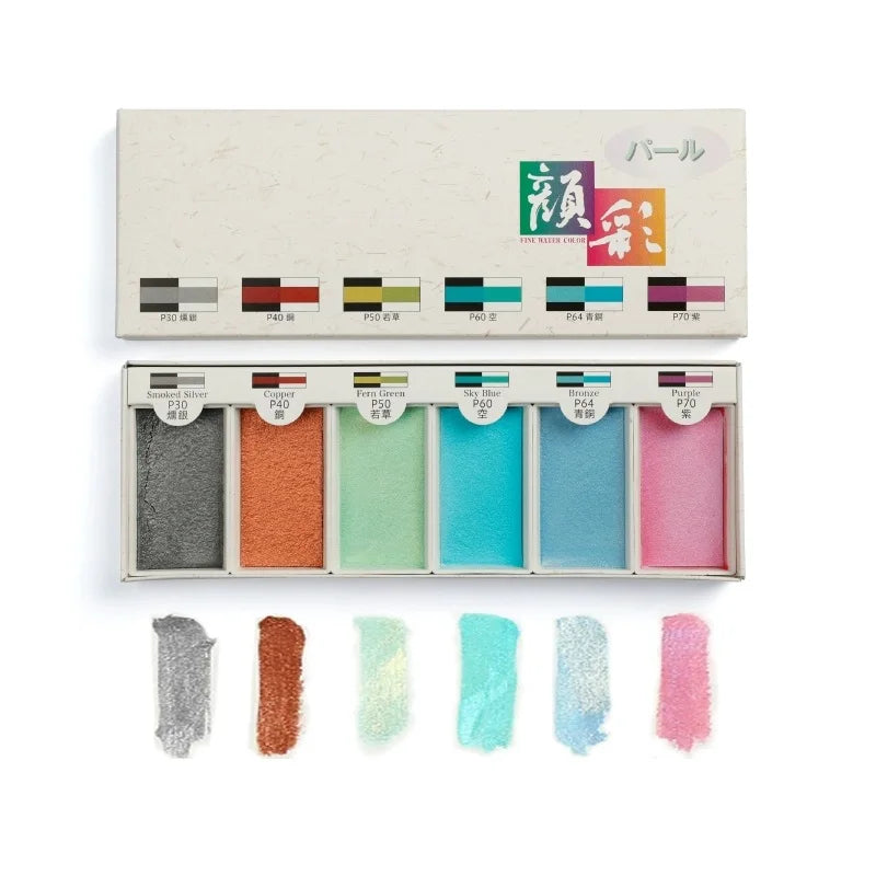 Japan Boku-Undo E-Sumi Pearl Mineral Watercolor Paint 6 Colors Set Painting Nail Watercolor Paint Brush Art Drawing Supplies