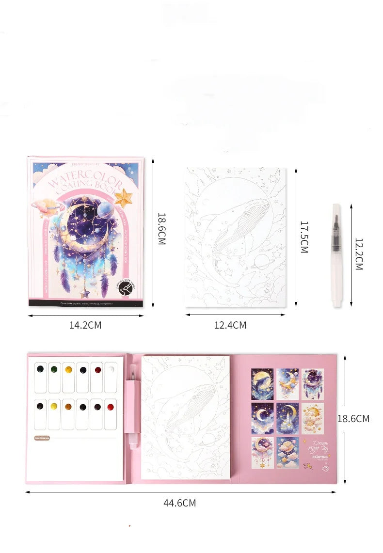 Bview Art Travel Watercolor Painting Set with Tri-Fold Book, Built-in 12 Colors & Stress Relief Note Paper for DIY Art Therapy