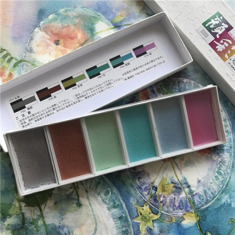 Japan Boku-Undo E-Sumi Pearl Mineral Watercolor Paint 6 Colors Set Painting Nail Watercolor Paint Brush Art Drawing Supplies
