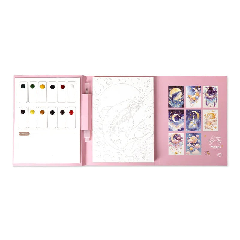 Bview Art Travel Watercolor Painting Set with Tri-Fold Book, Built-in 12 Colors & Stress Relief Note Paper for DIY Art Therapy