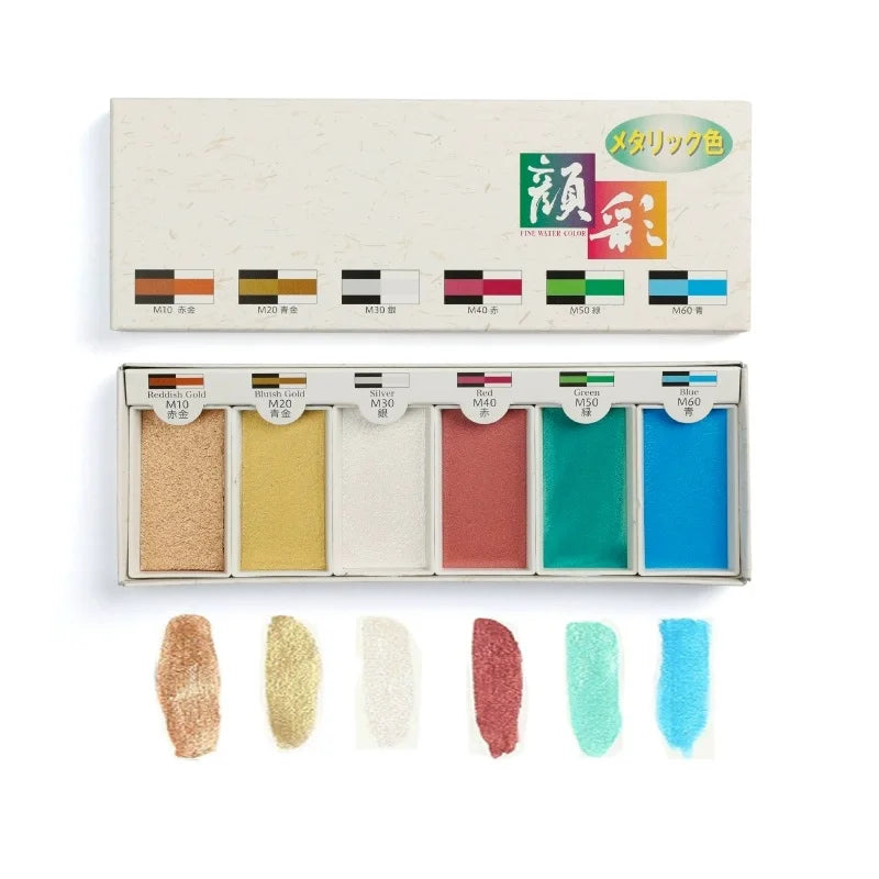 Japan Boku-Undo E-Sumi Pearl Mineral Watercolor Paint 6 Colors Set Painting Nail Watercolor Paint Brush Art Drawing Supplies