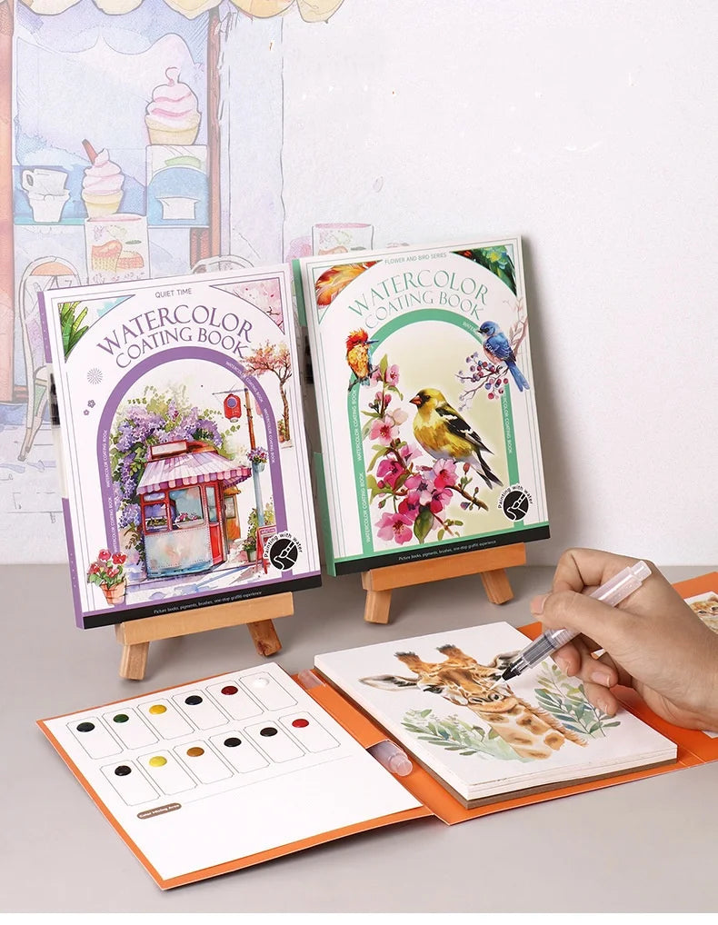 Bview Art Travel Watercolor Painting Set with Tri-Fold Book, Built-in 12 Colors & Stress Relief Note Paper for DIY Art Therapy