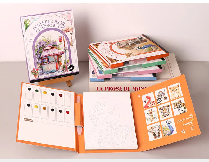 Bview Art Travel Watercolor Painting Set with Tri-Fold Book, Built-in 12 Colors & Stress Relief Note Paper for DIY Art Therapy