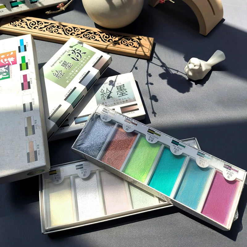 Japan Boku-Undo E-Sumi Pearl Mineral Watercolor Paint 6 Colors Set Painting Nail Watercolor Paint Brush Art Drawing Supplies