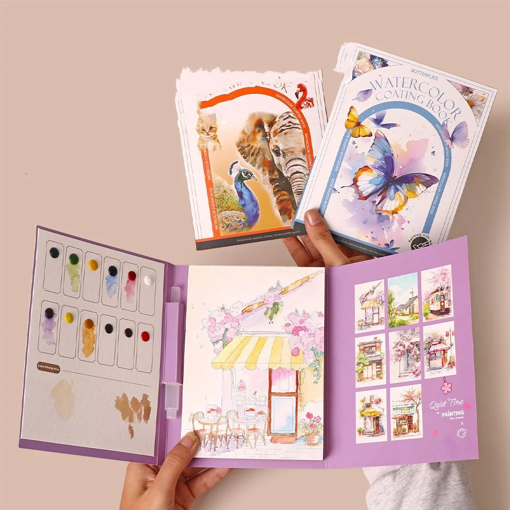 Bview Art Travel Watercolor Painting Set with Tri-Fold Book, Built-in 12 Colors & Stress Relief Note Paper for DIY Art Therapy