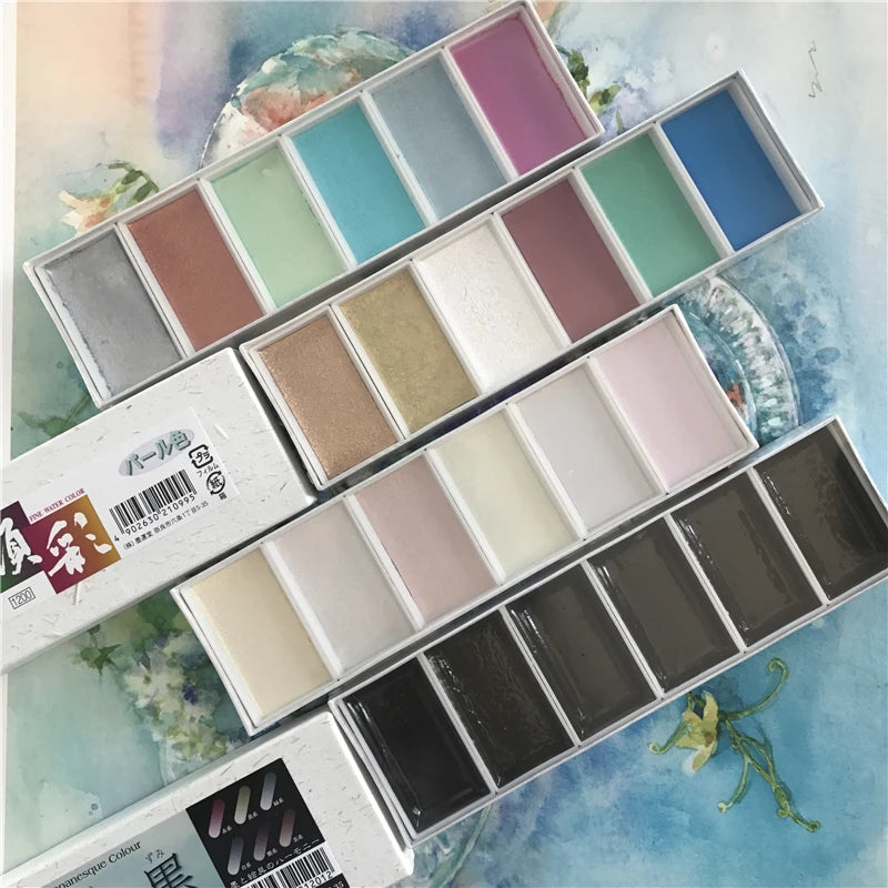Japan Boku-Undo E-Sumi Pearl Mineral Watercolor Paint 6 Colors Set Painting Nail Watercolor Paint Brush Art Drawing Supplies