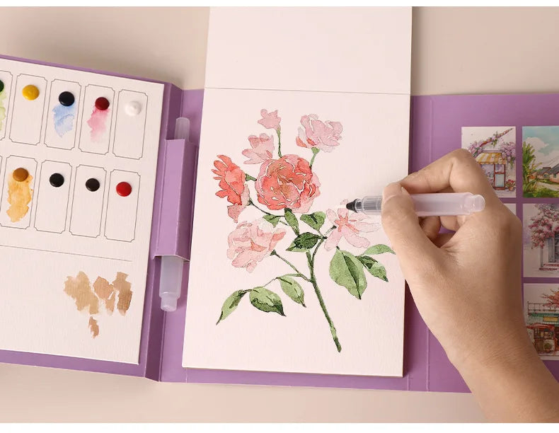 Bview Art Travel Watercolor Painting Set with Tri-Fold Book, Built-in 12 Colors & Stress Relief Note Paper for DIY Art Therapy