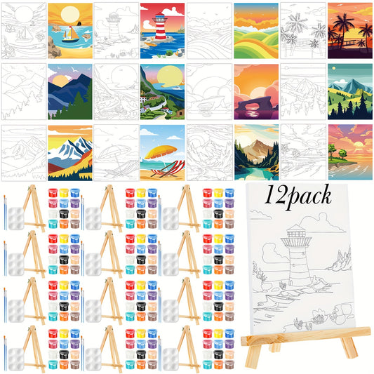 [Paint Kit] 12 Pack Pre Drawn Canvas Paint Kit | DIY Oil Painting For Landscape Paint Art Set | New Year Pre Printed Sip And Paint Party Favor Virtual Party Birthday
