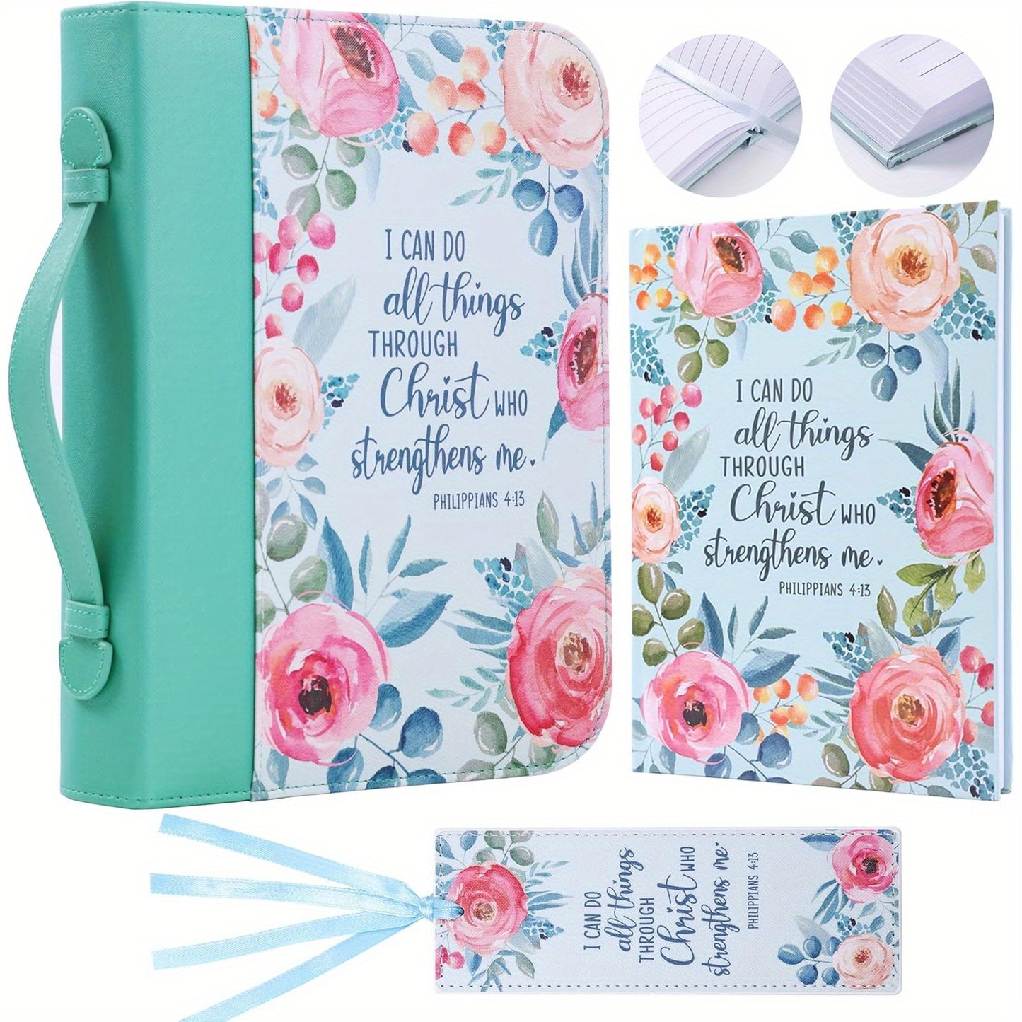 Bible Covers for Women, Bible Case Set with Notebook and Bookmark, Leather Bible Cover, Bible Carrying Case for Woman Lady Bible Bag, Christmas Gift for Mother, 11x8.2x2.2 in, Blue