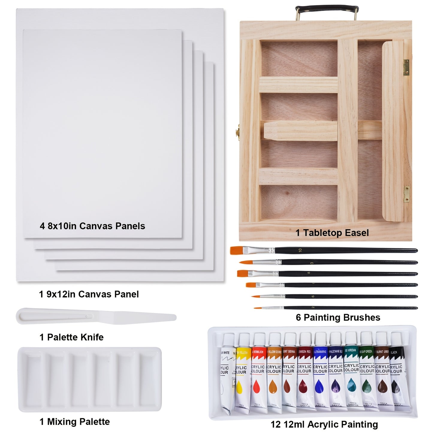 19pcs Painting Table Easel Set, Wooden Mixed Media Art Set Easel Kit Includes Tabletop Easel, Acrylic Paints, Brushes, Canvas Panel, Art Supplies