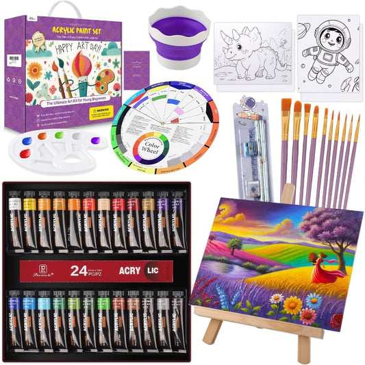 PUOPOSTY Acrylic Paint Set for Complete Painting Kit for Ages 4-12 Premium Art Supplies w Wooden Easel 24 Paints 4 Canvases 10 Brushes and More Ideal Birthday Easter Gift for Boys and Girls