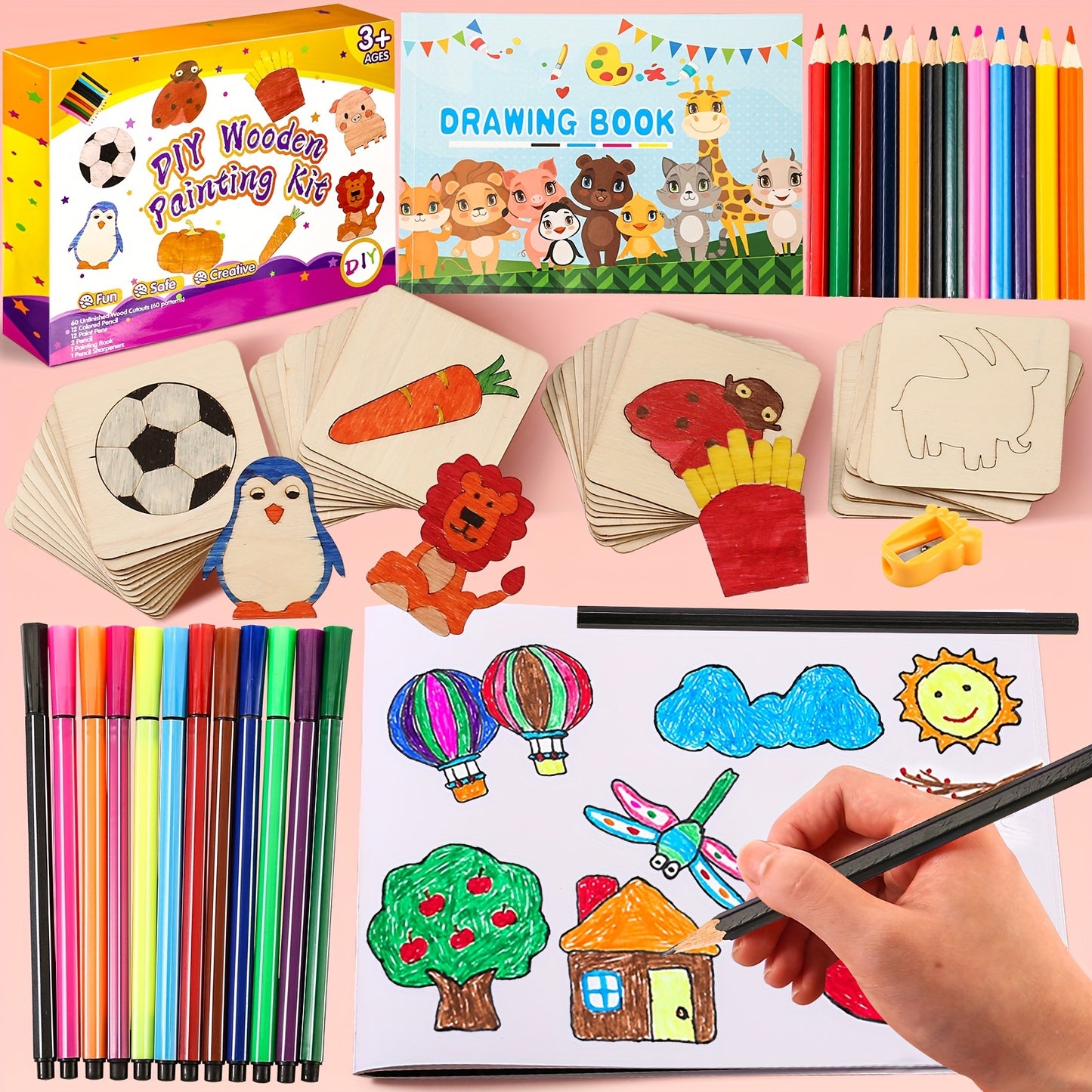 Easter Gifts 60pcs Wooden Drawing Stencils Kit, Drawing Board Toys Coloring Puzzle Arts Crafts Set, Educational Toys Christmas Gift