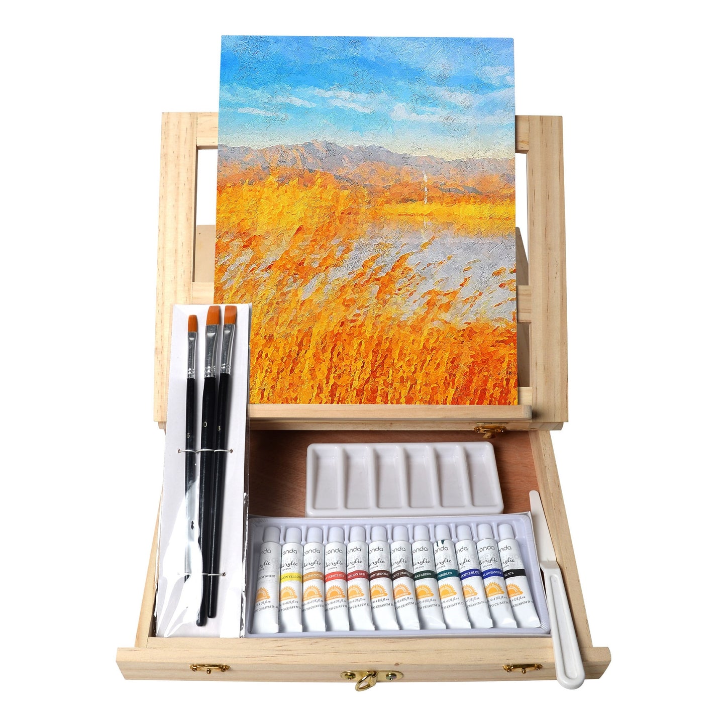 19pcs Painting Table Easel Set, Wooden Mixed Media Art Set Easel Kit Includes Tabletop Easel, Acrylic Paints, Brushes, Canvas Panel, Art Supplies