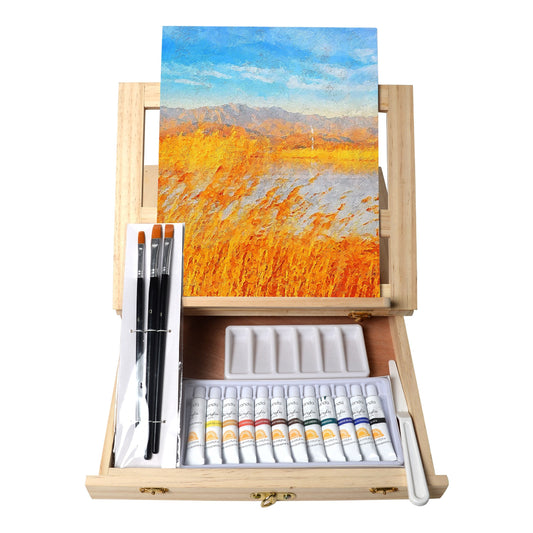 19pcs Painting Table Easel Set, Wooden Mixed Media Art Set Easel Kit Includes Tabletop Easel, Acrylic Paints, Brushes, Canvas Panel, Art Supplies
